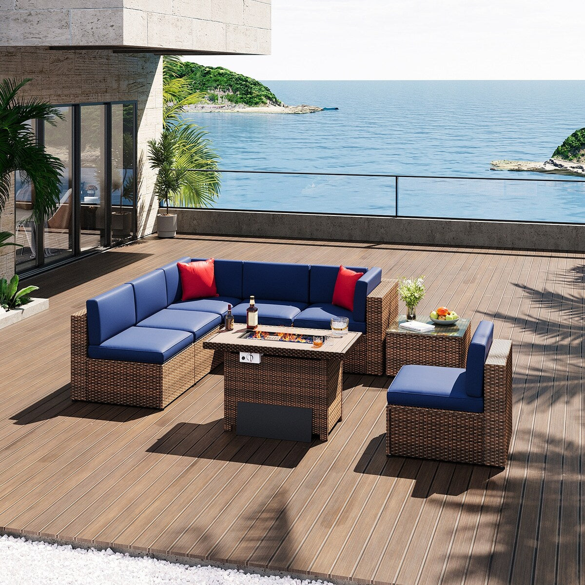 Set di mobili da giardino da 8 pezzi con tavolo da fuoco da 40 cm