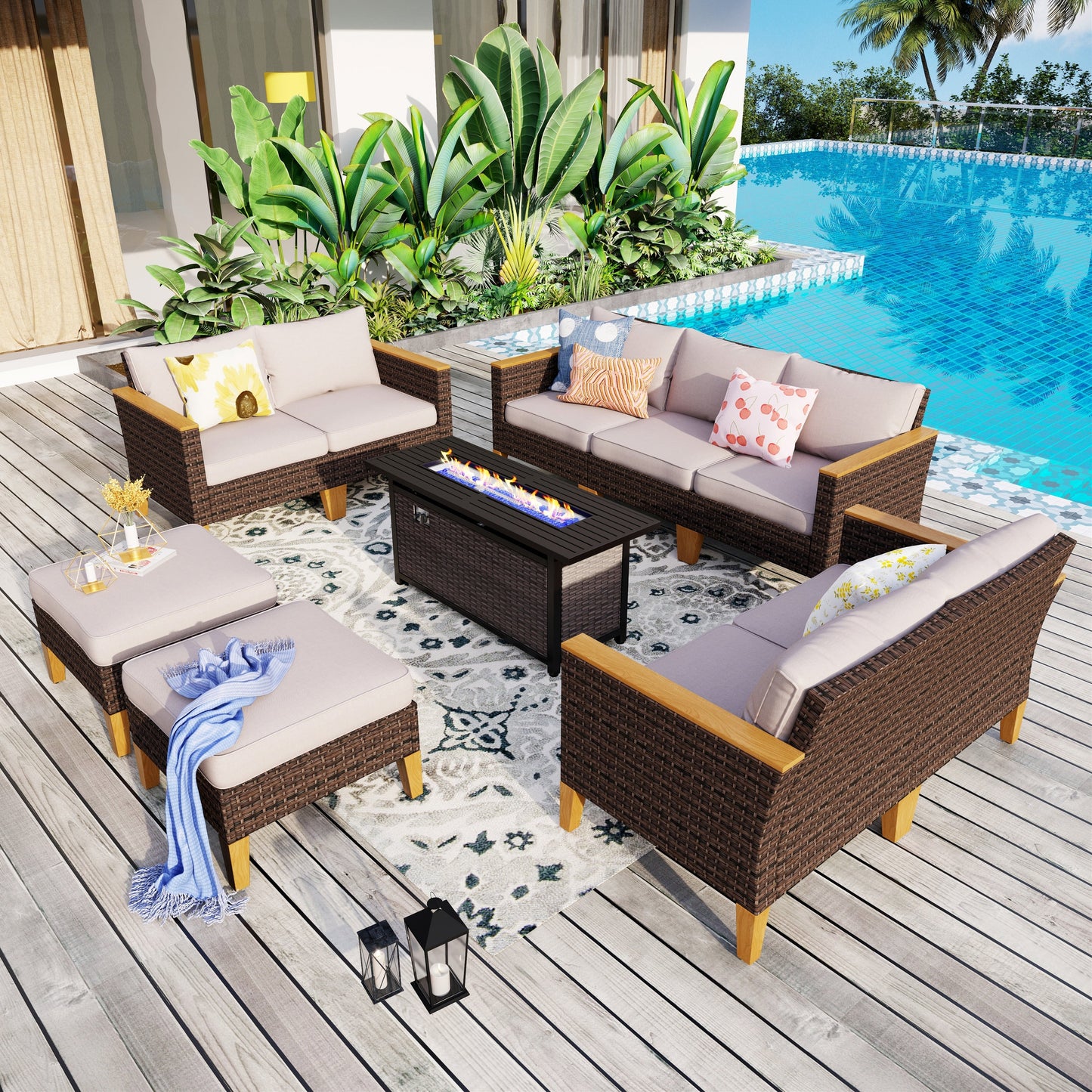 Set di divani componibili in vimini per esterni da 8 pezzi, ampi mobili da seduta, set da conversazione con tavolo con braciere