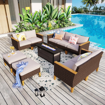 Set di divani componibili in vimini per esterni da 8 pezzi, ampi mobili da seduta, set da conversazione con tavolo con braciere