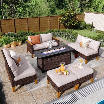 Set di divani componibili in vimini per esterni da 8 pezzi, ampi mobili da seduta, set da conversazione con tavolo con braciere