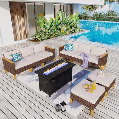 Set di divani componibili in vimini per esterni da 8 pezzi, ampi mobili da seduta, set da conversazione con tavolo con braciere
