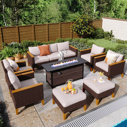 Set di divani componibili in vimini per esterni da 8 pezzi, ampi mobili da seduta, set da conversazione con tavolo con braciere