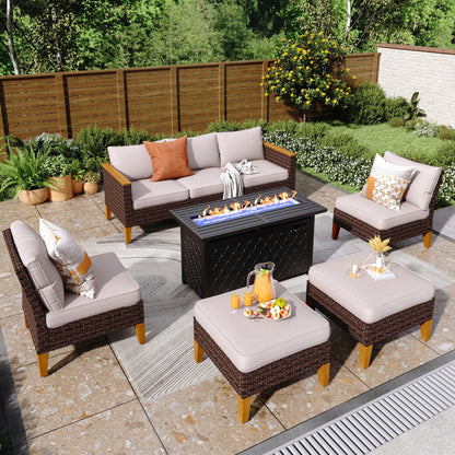 Set di divani componibili in vimini per esterni da 8 pezzi, ampi mobili da seduta, set da conversazione con tavolo con braciere