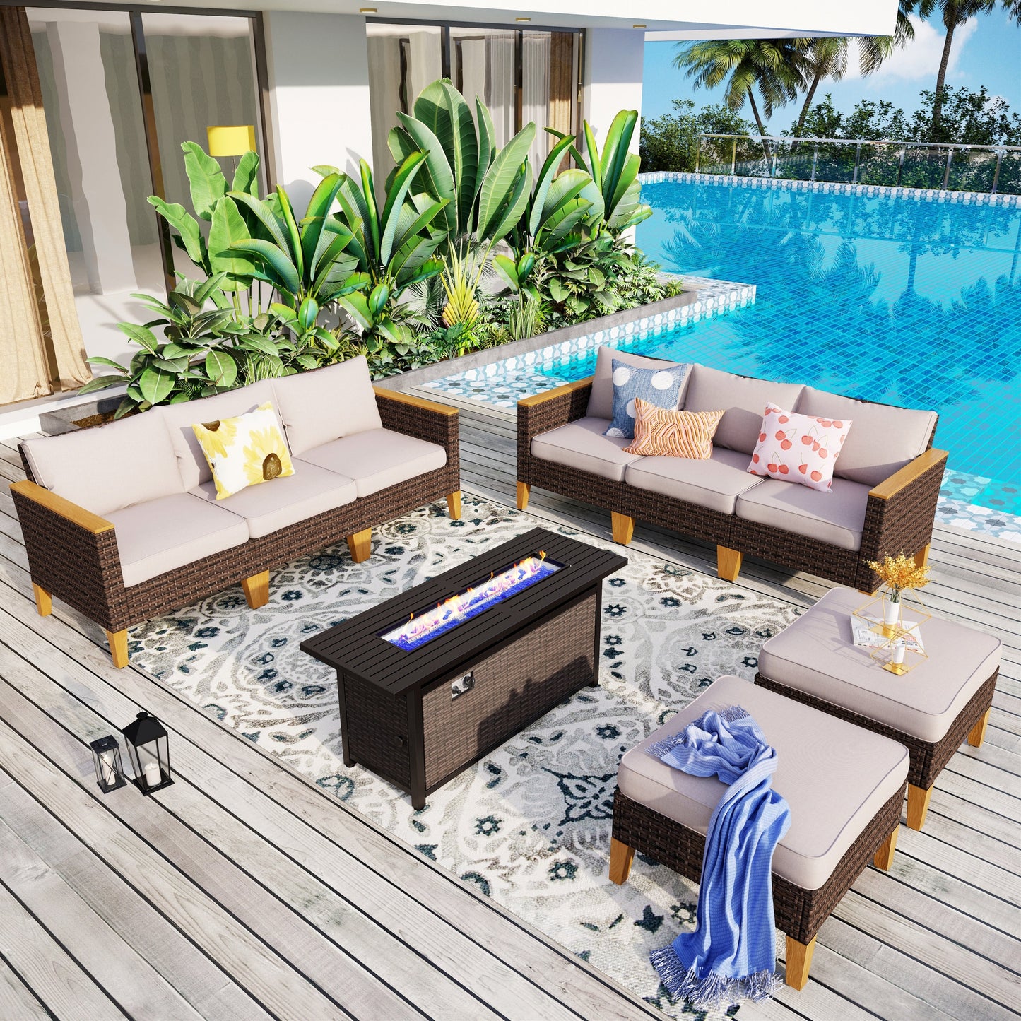 Set di divani componibili in vimini per esterni da 8 pezzi, ampi mobili da seduta, set da conversazione con tavolo con braciere