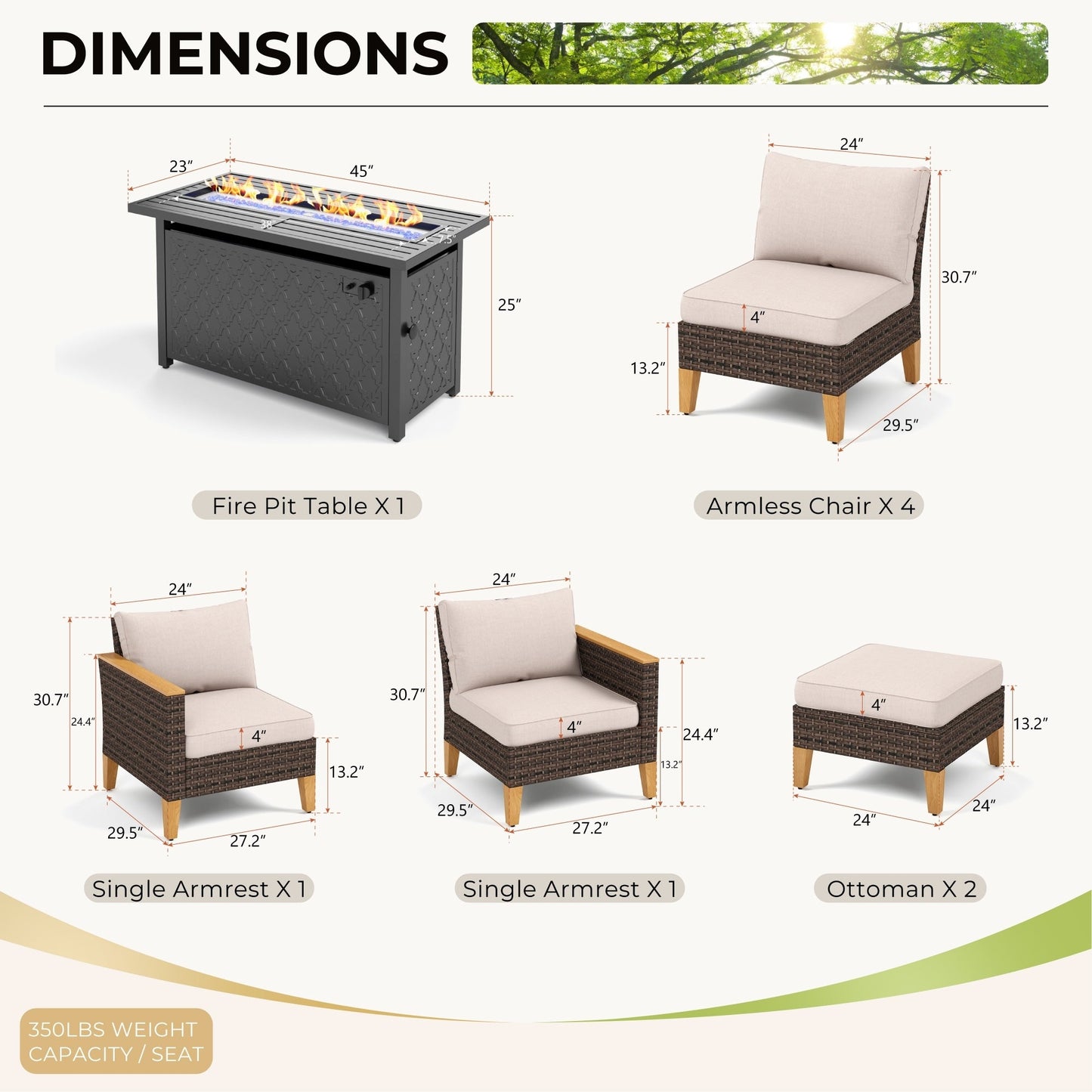 Set di divani componibili in vimini per esterni da 8 pezzi, ampi mobili da seduta, set da conversazione con tavolo con braciere