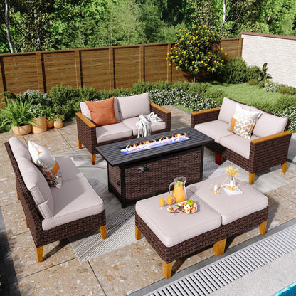 Set di divani componibili in vimini per esterni da 8 pezzi, ampi mobili da seduta, set da conversazione con tavolo con braciere
