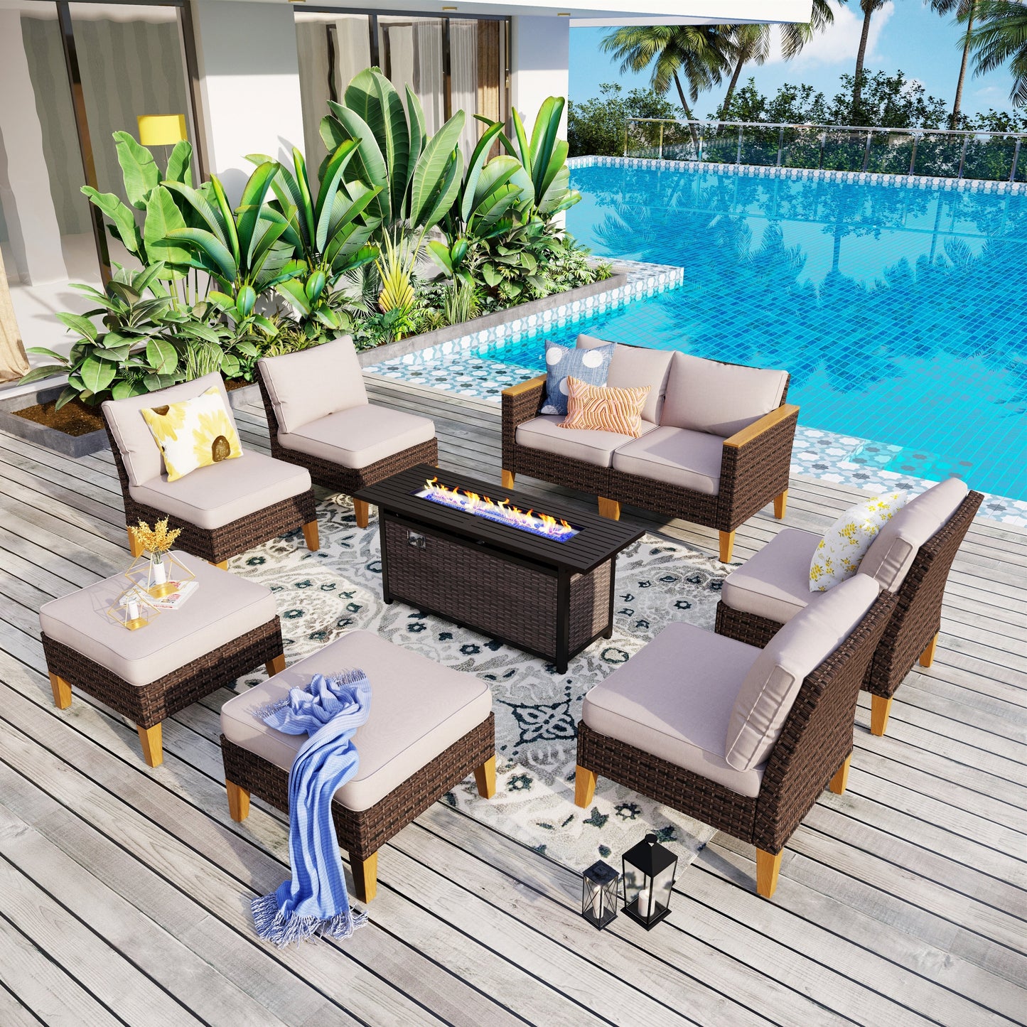 Set di divani componibili in vimini per esterni da 8 pezzi, ampi mobili da seduta, set da conversazione con tavolo con braciere