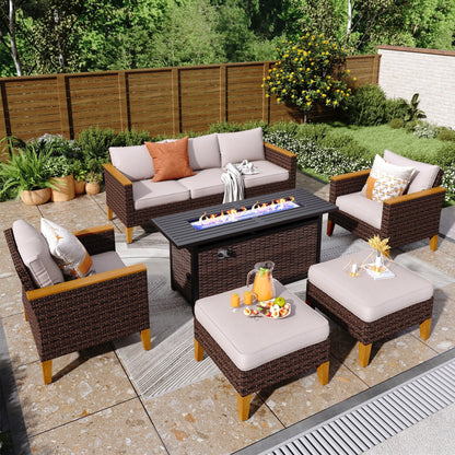 Set di divani componibili in vimini per esterni da 8 pezzi, ampi mobili da seduta, set da conversazione con tavolo con braciere