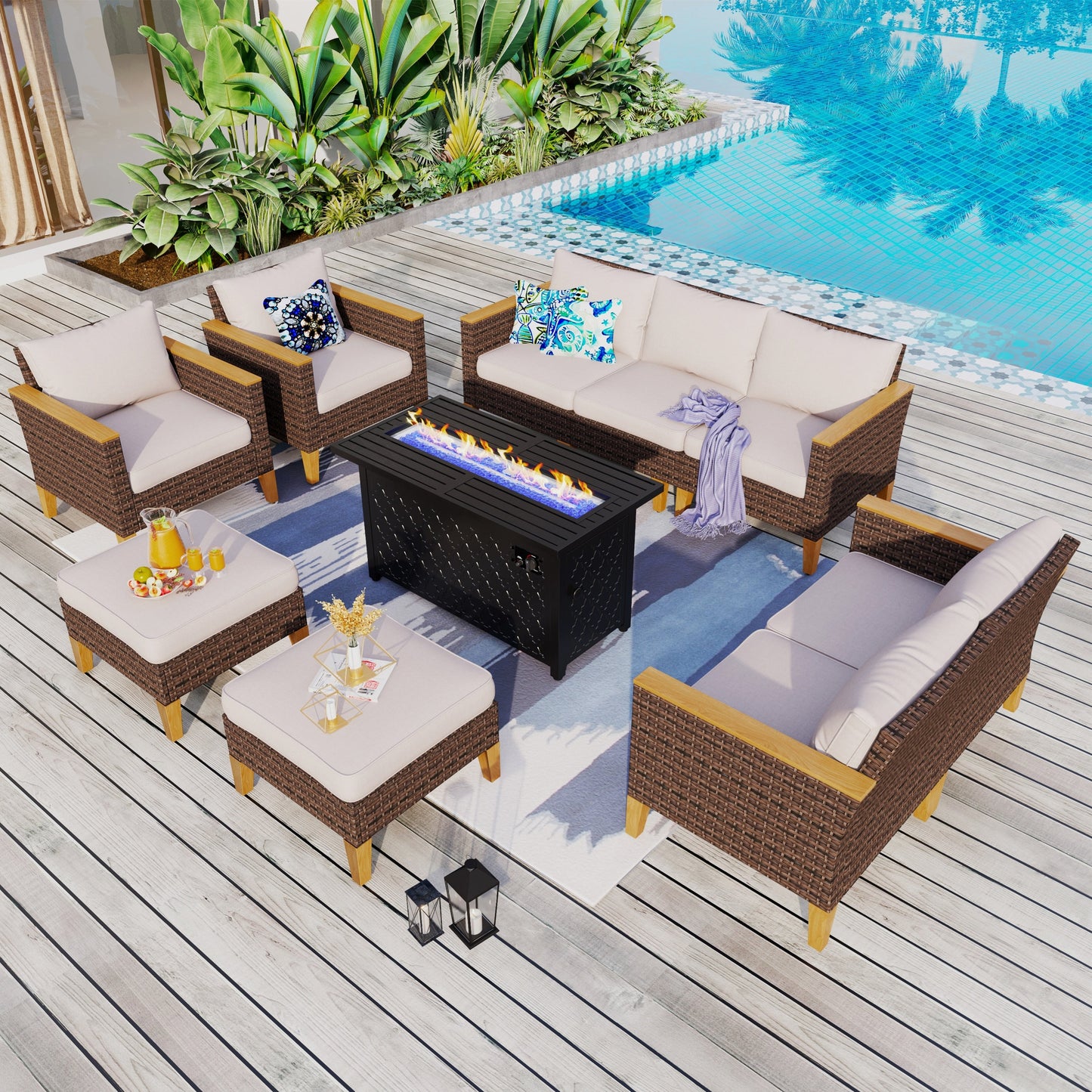 Set di divani componibili in vimini per esterni da 8 pezzi, ampi mobili da seduta, set da conversazione con tavolo con braciere