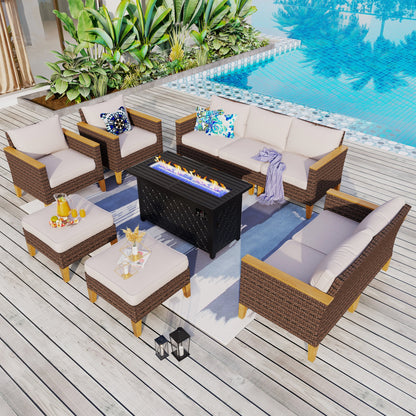 Set di divani componibili in vimini per esterni da 8 pezzi, ampi mobili da seduta, set da conversazione con tavolo con braciere