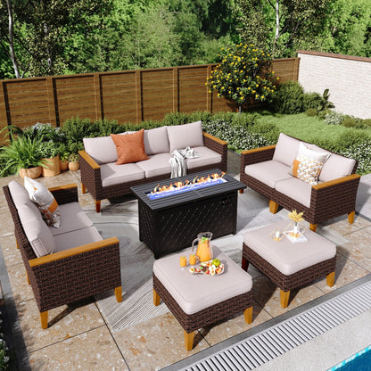 Set di divani componibili in vimini per esterni da 8 pezzi, ampi mobili da seduta, set da conversazione con tavolo con braciere