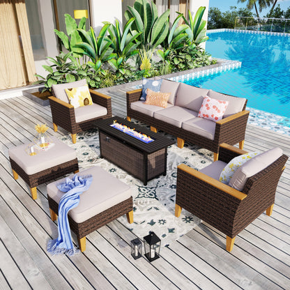Set di divani componibili in vimini per esterni da 8 pezzi, ampi mobili da seduta, set da conversazione con tavolo con braciere