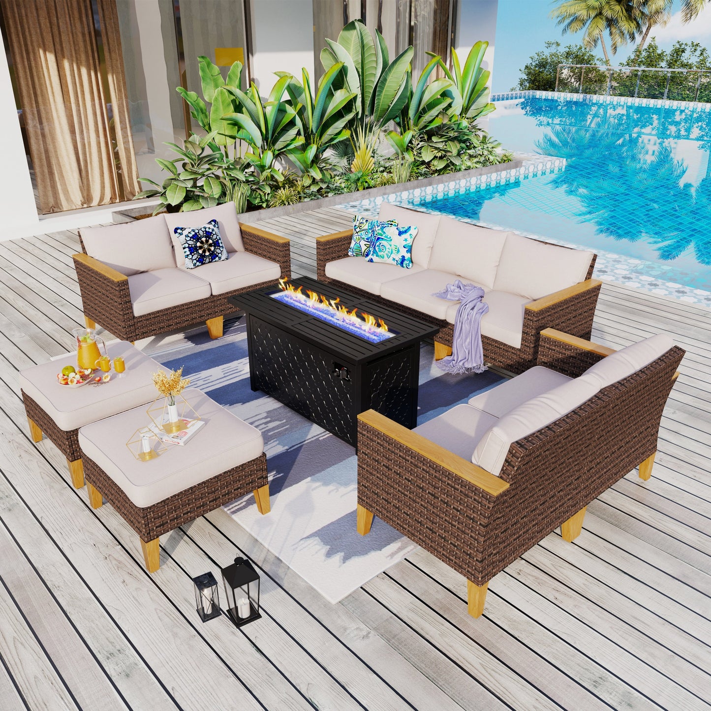 Set di divani componibili in vimini per esterni da 8 pezzi, ampi mobili da seduta, set da conversazione con tavolo con braciere