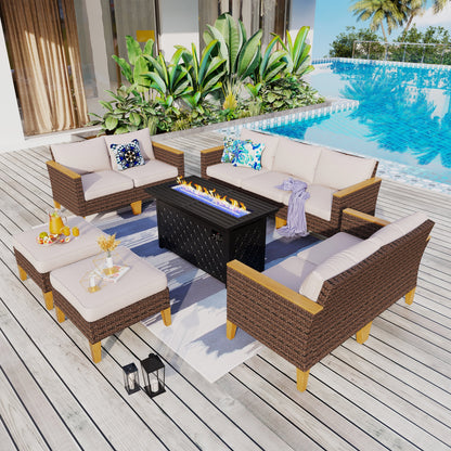 Set di divani componibili in vimini per esterni da 8 pezzi, ampi mobili da seduta, set da conversazione con tavolo con braciere