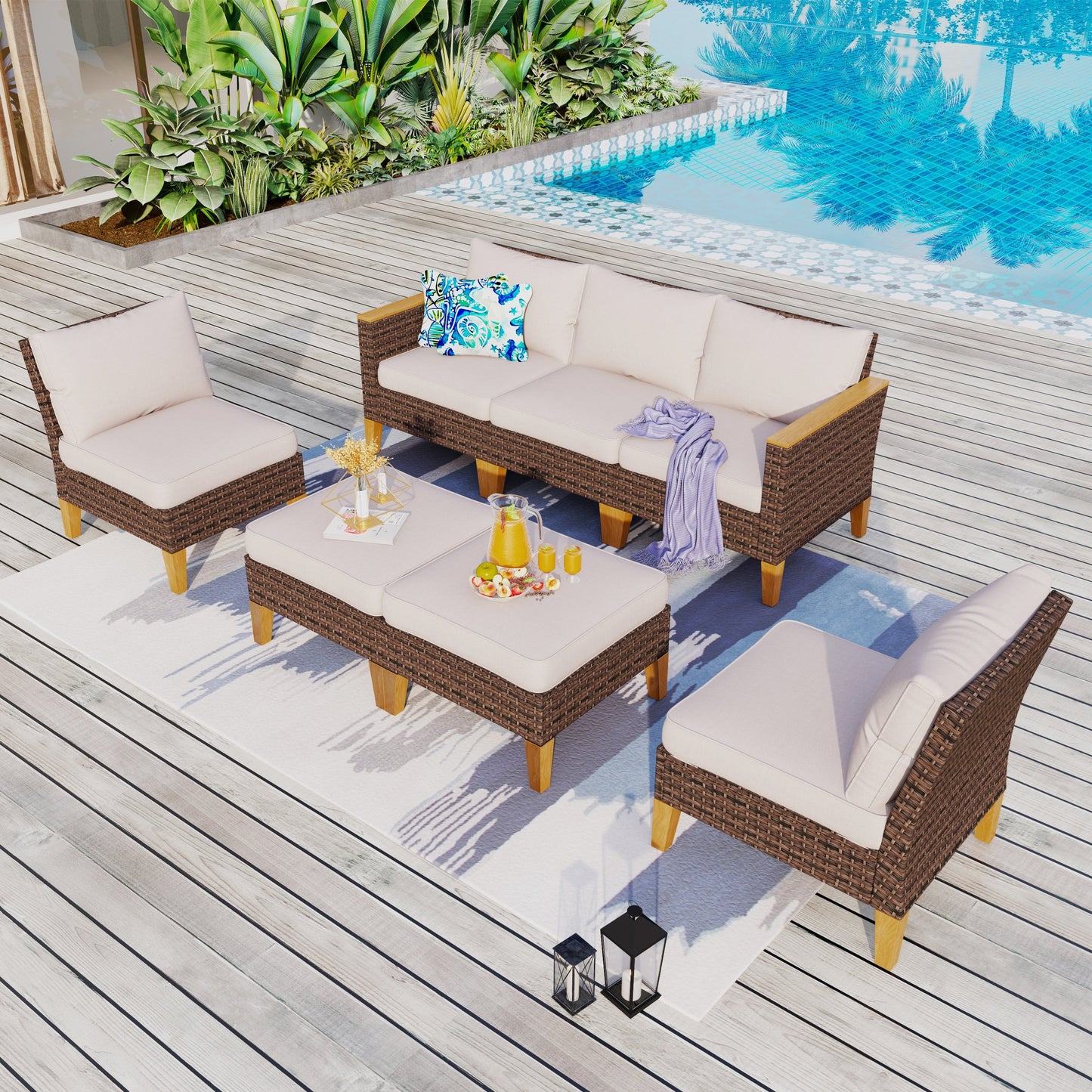 Set di divani componibili in vimini per esterni da 8 pezzi, ampi mobili da seduta, set da conversazione con tavolo con braciere