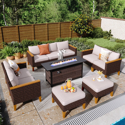 Set di divani componibili in vimini per esterni da 8 pezzi, ampi mobili da seduta, set da conversazione con tavolo con braciere