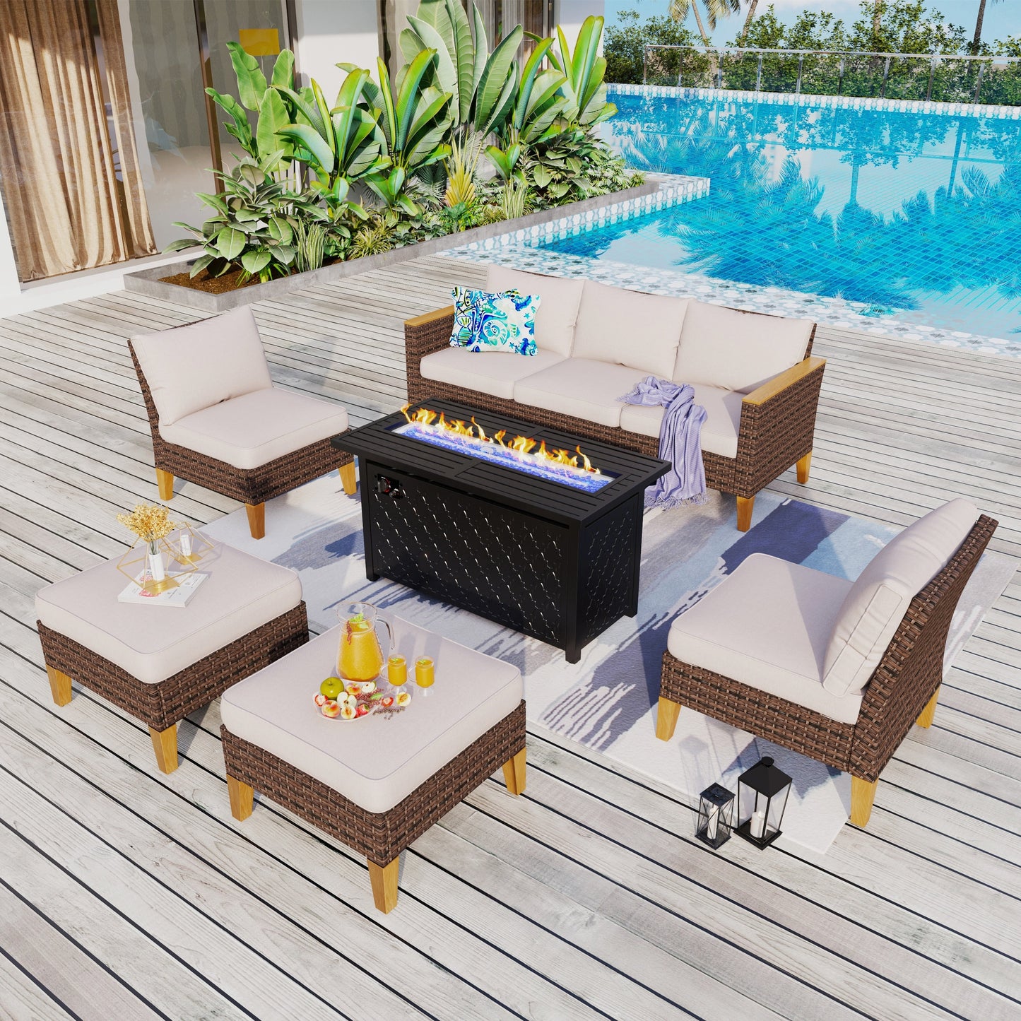Set di divani componibili in vimini per esterni da 8 pezzi, ampi mobili da seduta, set da conversazione con tavolo con braciere