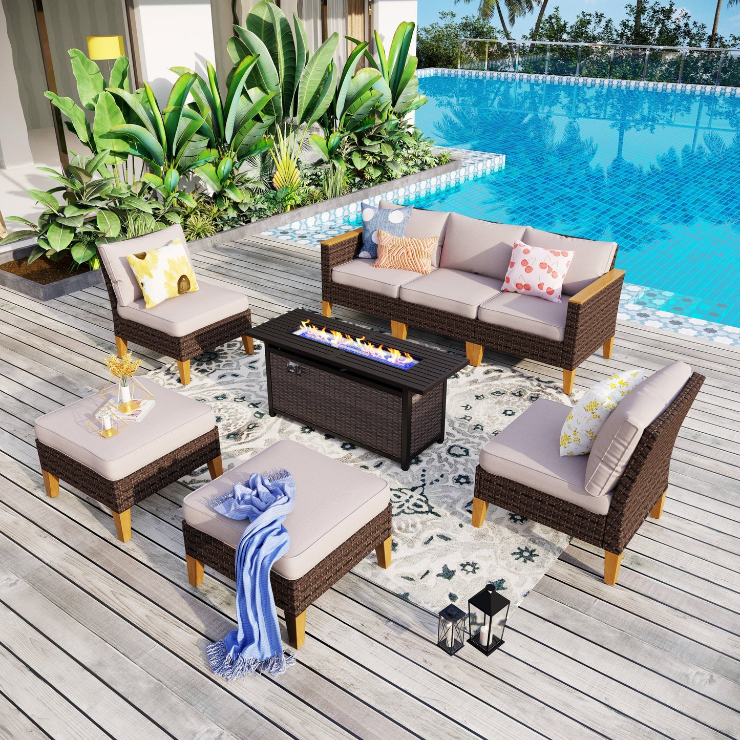 Set di divani componibili in vimini per esterni da 8 pezzi, ampi mobili da seduta, set da conversazione con tavolo con braciere