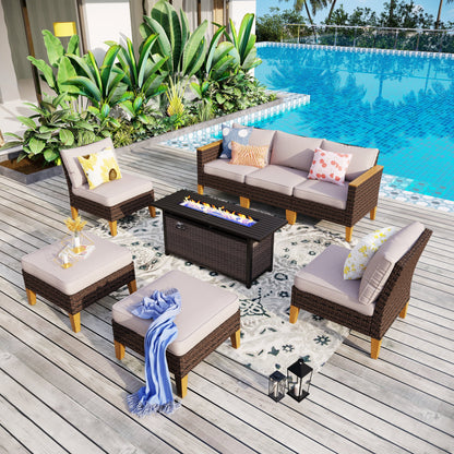 Set di divani componibili in vimini per esterni da 8 pezzi, ampi mobili da seduta, set da conversazione con tavolo con braciere