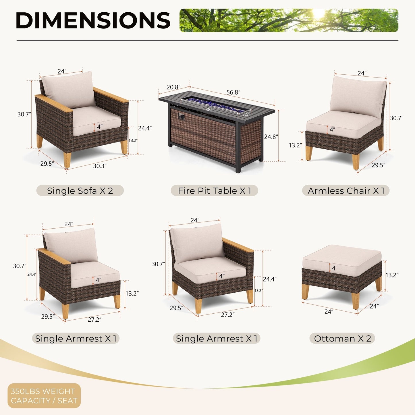 Set di divani componibili in vimini per esterni da 8 pezzi, ampi mobili da seduta, set da conversazione con tavolo con braciere