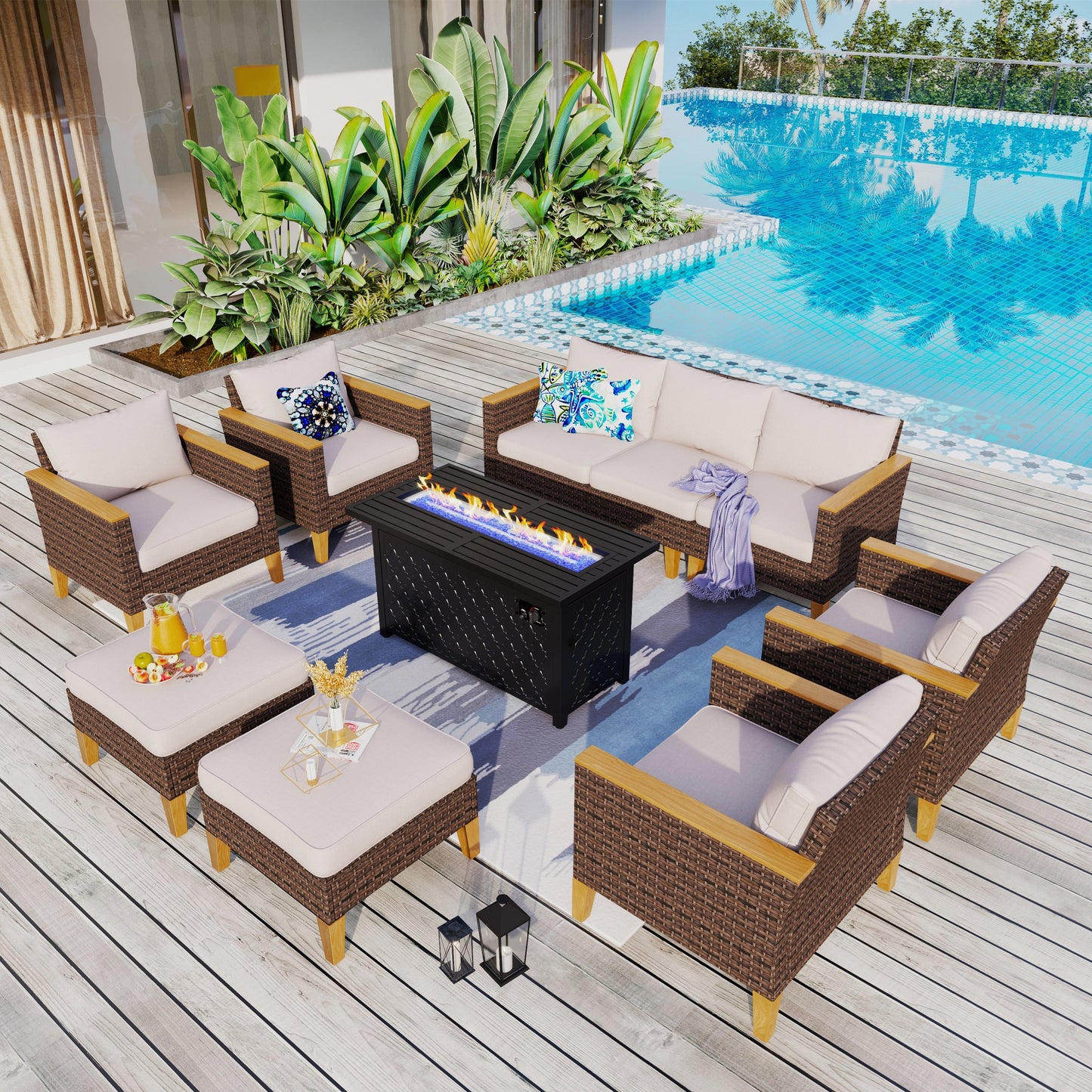 Set di divani componibili in vimini per esterni da 8 pezzi, ampi mobili da seduta, set da conversazione con tavolo con braciere