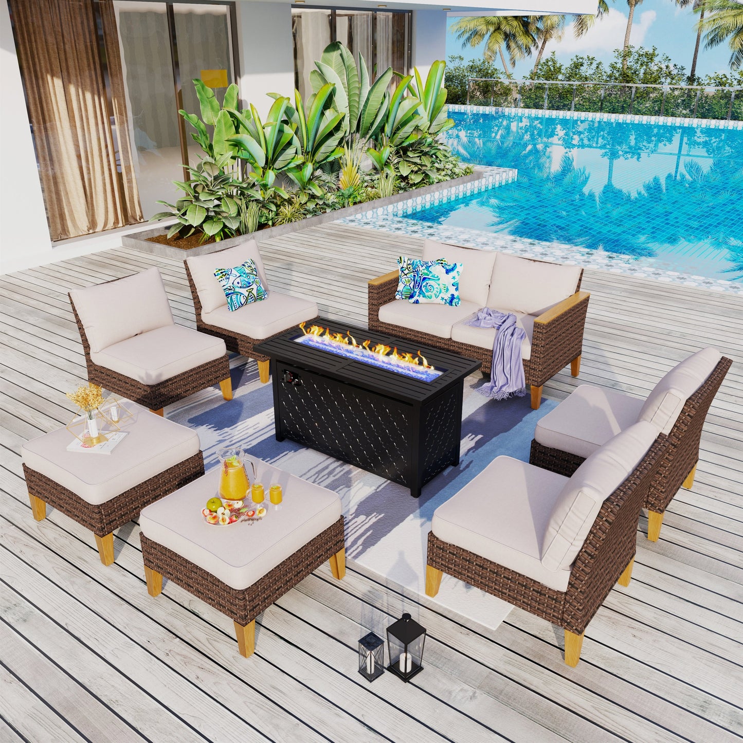 Set di divani componibili in vimini per esterni da 8 pezzi, ampi mobili da seduta, set da conversazione con tavolo con braciere