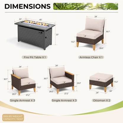 Set di divani componibili in vimini per esterni da 8 pezzi, ampi mobili da seduta, set da conversazione con tavolo con braciere