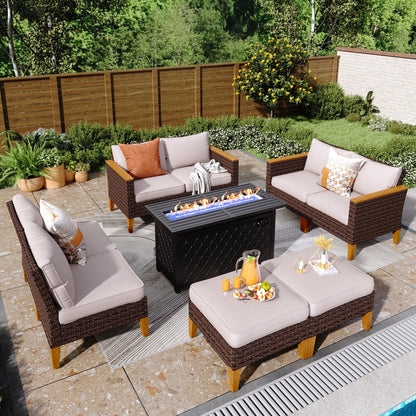 Set di divani componibili in vimini per esterni da 8 pezzi, ampi mobili da seduta, set da conversazione con tavolo con braciere