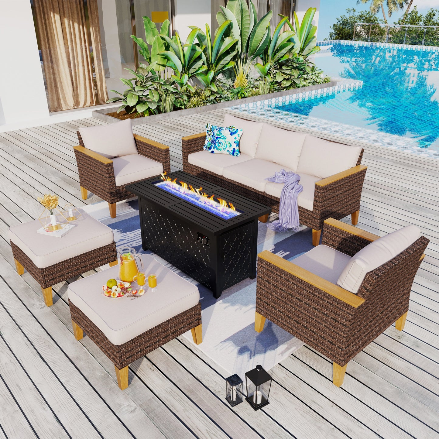 Set di divani componibili in vimini per esterni da 8 pezzi, ampi mobili da seduta, set da conversazione con tavolo con braciere