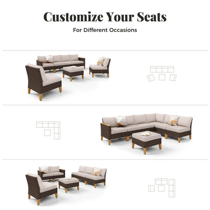 Set di divani componibili in vimini per esterni da 8 pezzi, ampi mobili da seduta, set da conversazione con tavolo con braciere