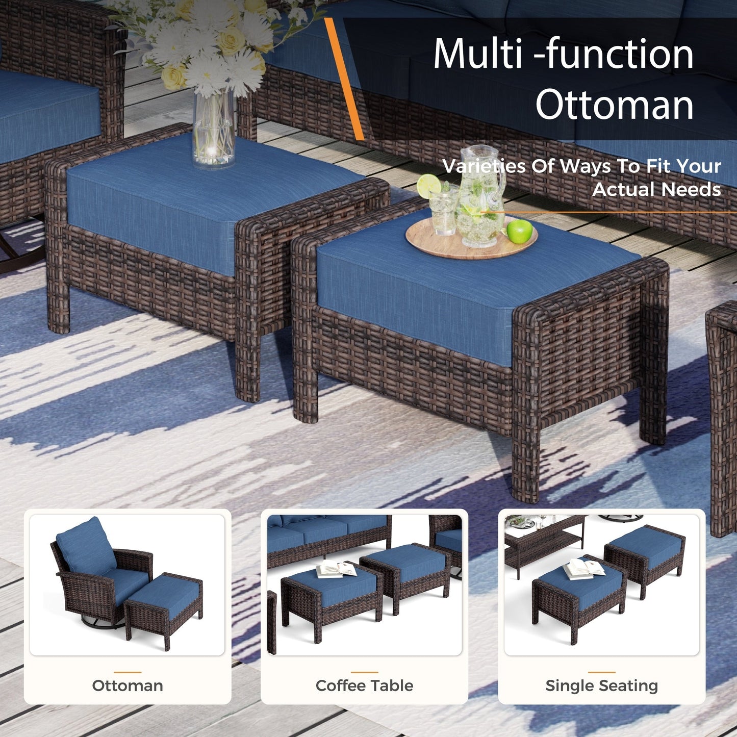 MAISON ARTS Set da conversazione con divano in vimini extra-large per patio con tavolino da caffè, seduta oversize con cuscino imbottito spesso 5,5''