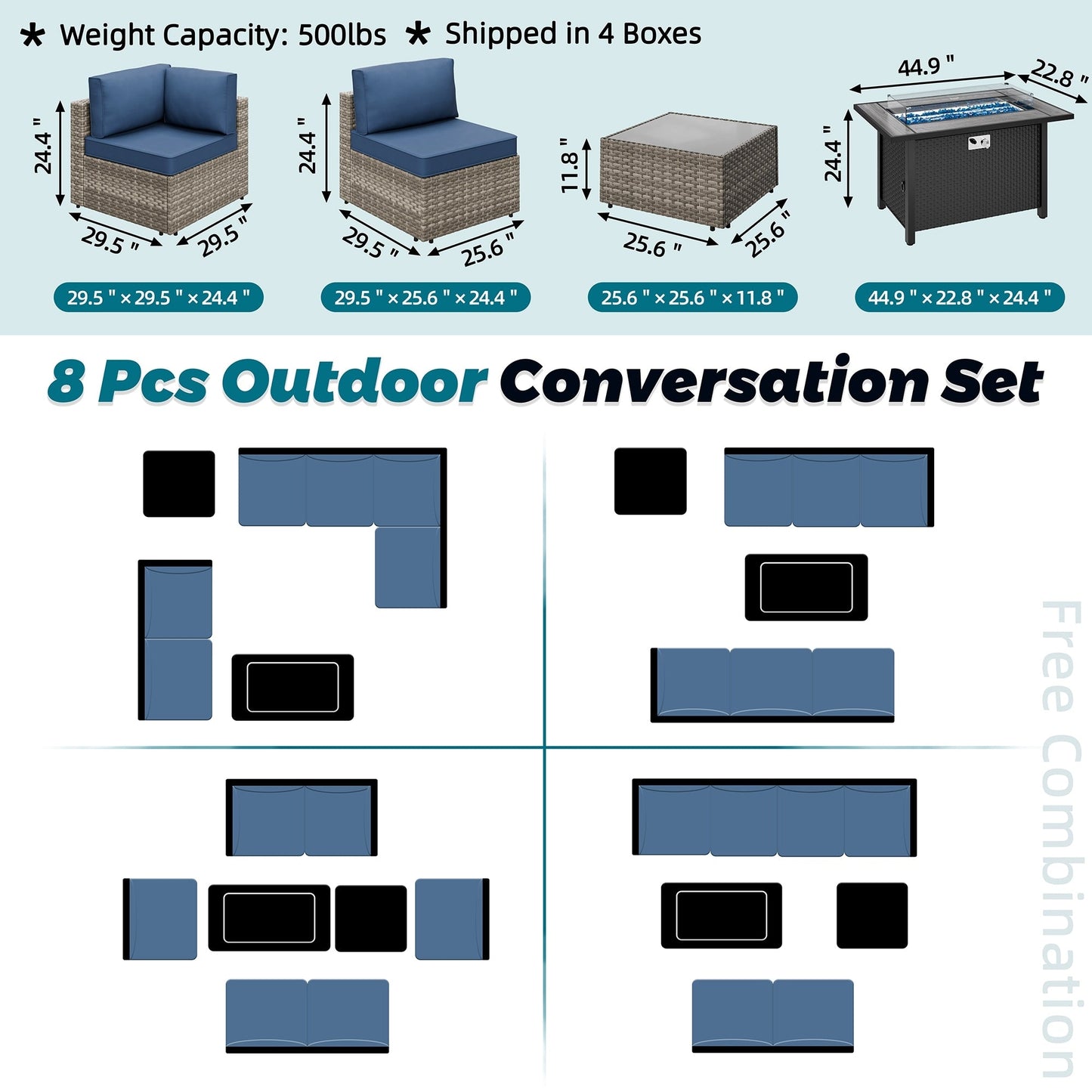 Gruppo di sedute componibili da 8 pezzi con braciere