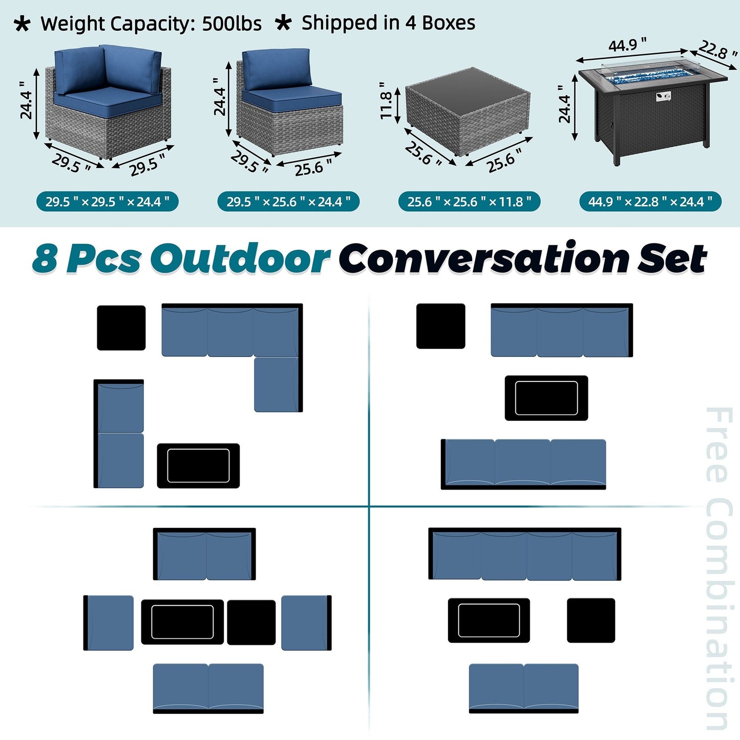Gruppo di sedute componibili da 8 pezzi con braciere