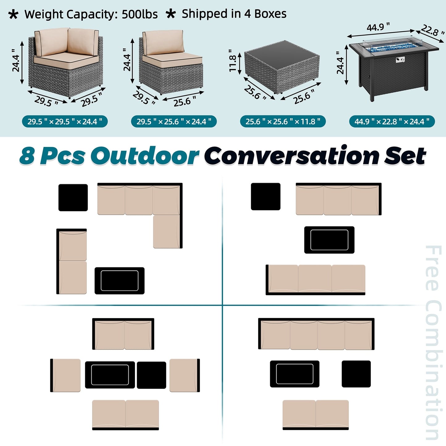 Gruppo di sedute componibili da 8 pezzi con braciere