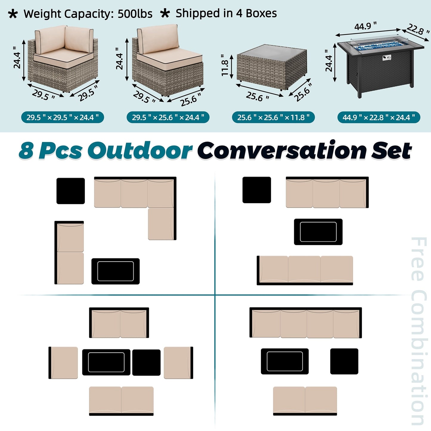 Gruppo di sedute componibili da 8 pezzi con braciere
