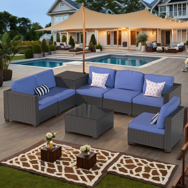 Set di mobili da giardino in vimini da 8 pezzi con tavolo contenitore blu