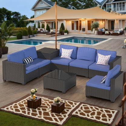 Set di mobili da giardino in vimini da 8 pezzi con tavolo contenitore blu