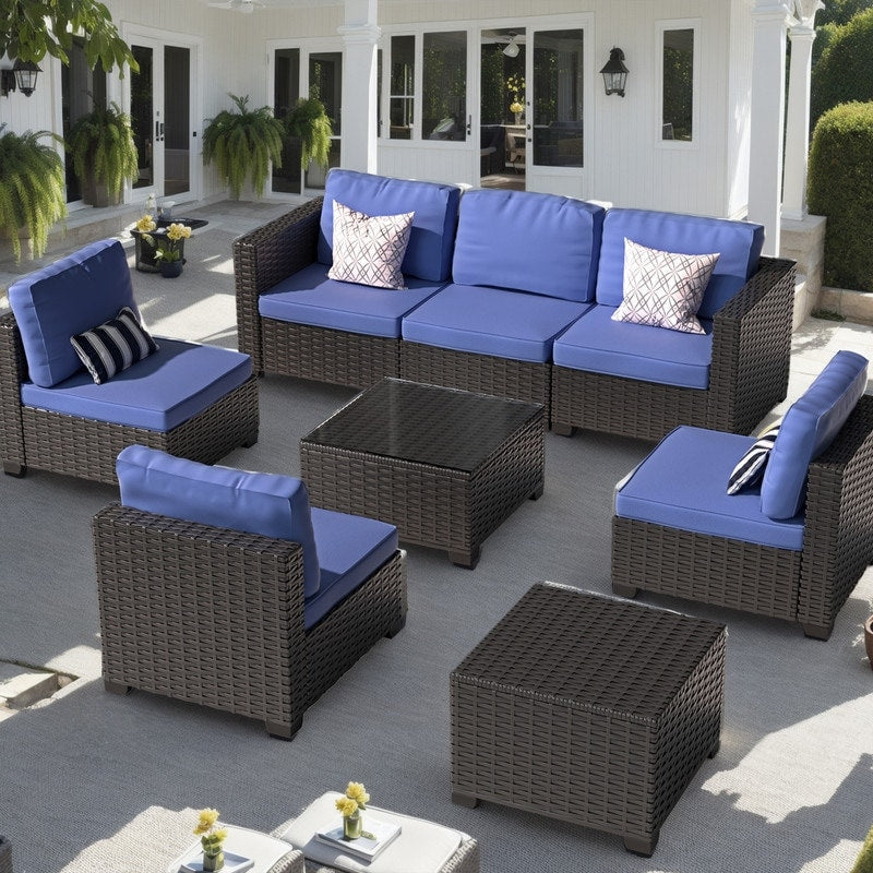 Set di mobili da giardino in vimini da 8 pezzi con tavolo contenitore blu