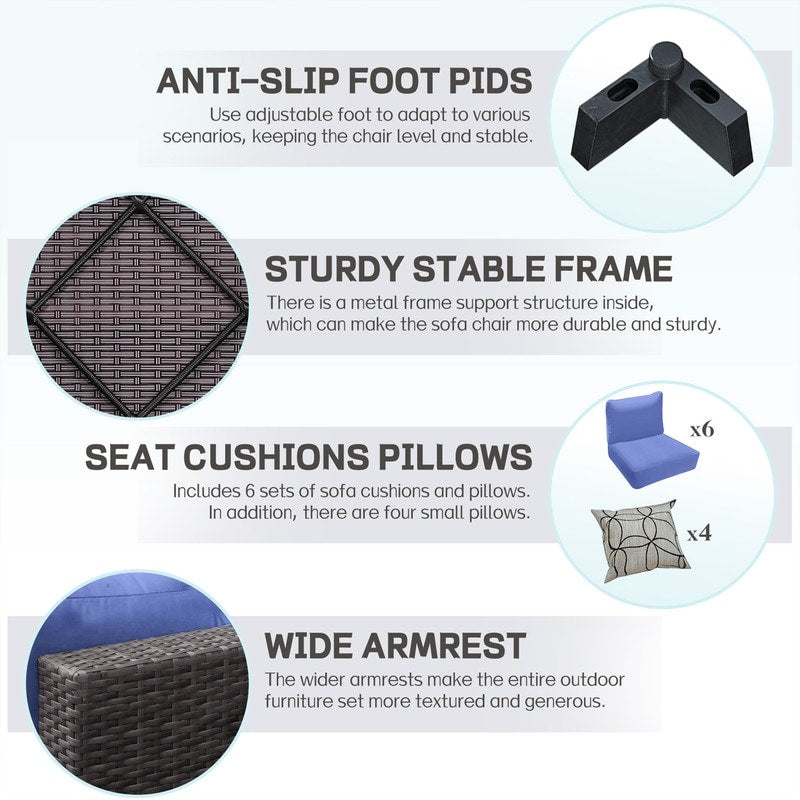 Set di mobili da giardino in vimini da 8 pezzi con tavolo contenitore blu