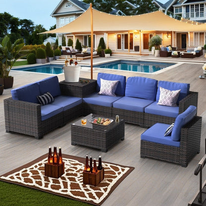 Set di mobili da giardino in vimini da 8 pezzi con tavolo contenitore blu