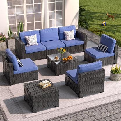 Set di mobili da giardino in vimini da 8 pezzi con tavolo contenitore blu
