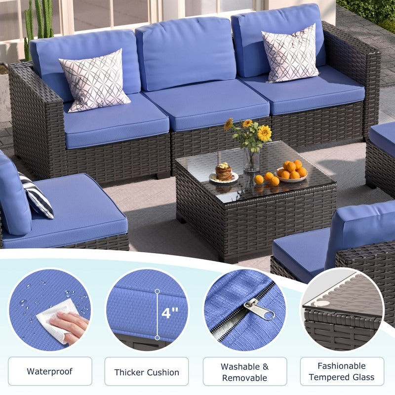 Set di mobili da giardino in vimini da 8 pezzi con tavolo contenitore blu