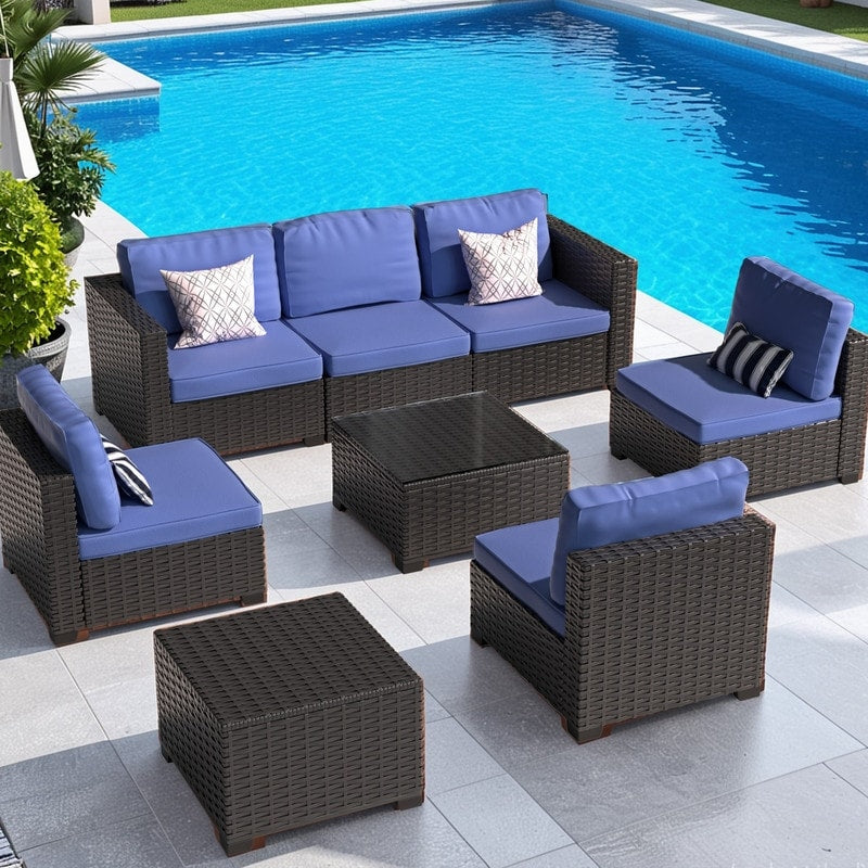 Set di mobili da giardino in vimini da 8 pezzi con tavolo contenitore blu