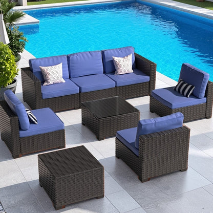 Set di mobili da giardino in vimini da 8 pezzi con tavolo contenitore blu