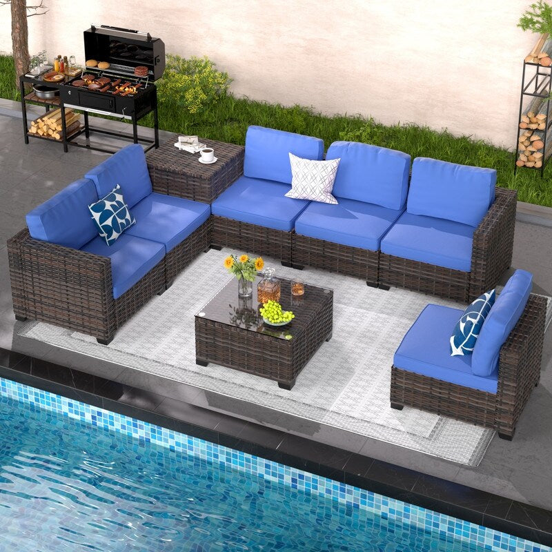 Set di mobili da giardino in vimini da 8 pezzi con tavolo contenitore blu