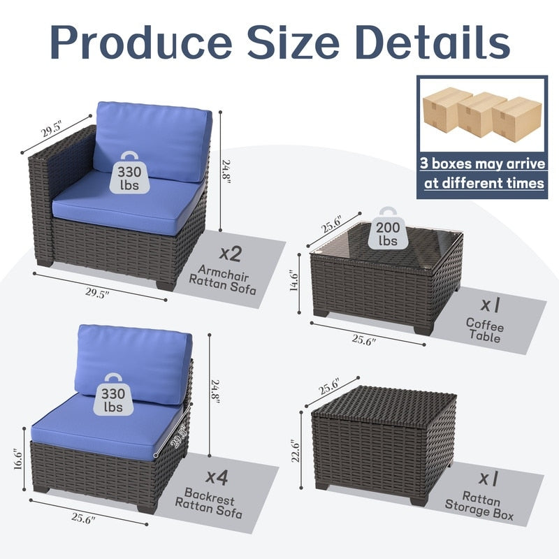 Set di mobili da giardino in vimini da 8 pezzi con tavolo contenitore blu