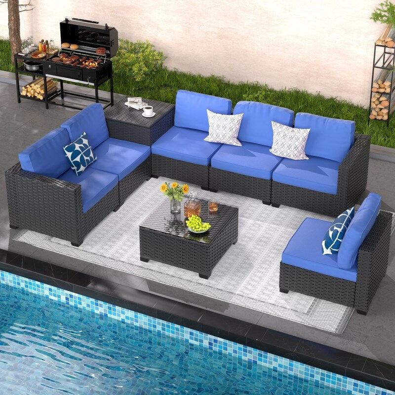 Set di mobili da giardino in vimini da 8 pezzi con tavolo contenitore blu