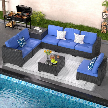 Set di mobili da giardino in vimini da 8 pezzi con tavolo contenitore blu