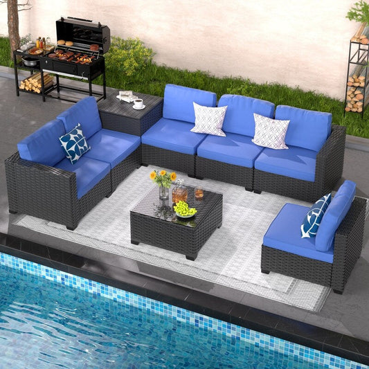 Set di mobili da giardino in vimini da 8 pezzi con tavolo contenitore blu