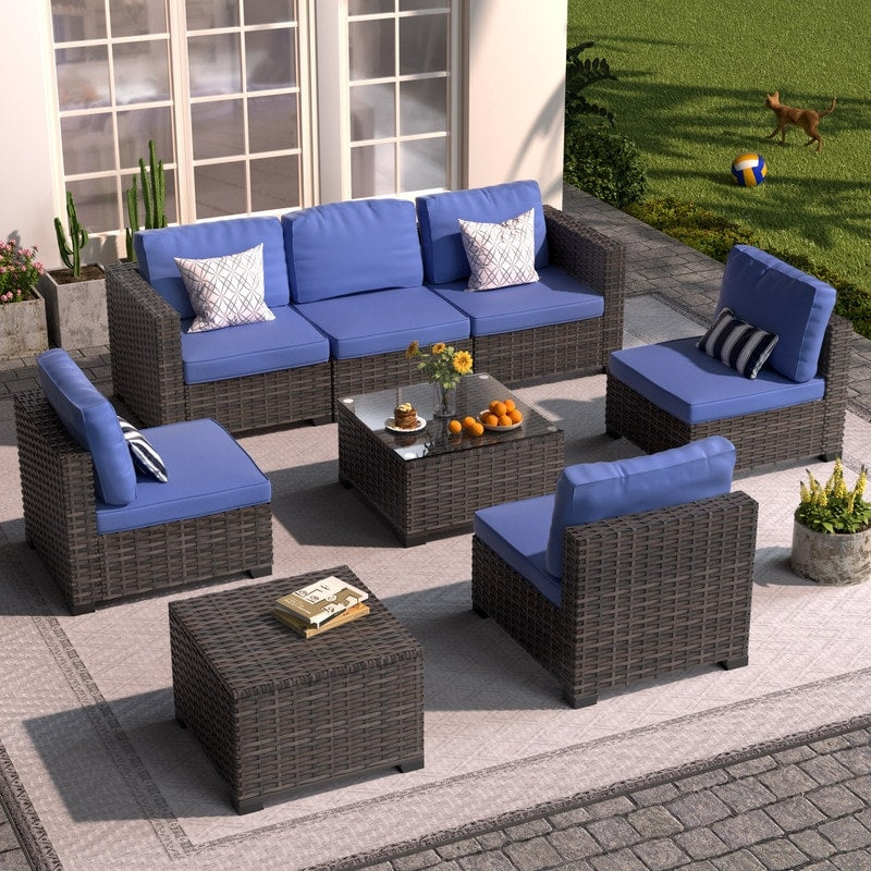 Set di mobili da giardino in vimini da 8 pezzi con tavolo contenitore blu